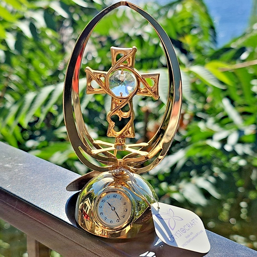 24k Gold Plated Crysocraft Clock Spectra Swarovski Crysal Cross Christ Jesus